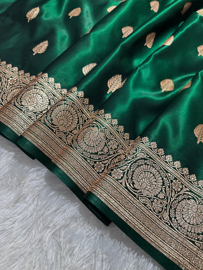 Classic Bottle Green Satin Silk Banarasi Saree with Royal Guldasta Chakra Border and Bold Gold Panna Butis