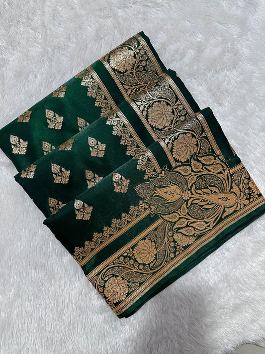 Bottle Green Satin Silk Banarasi Saree with Royal Meena-Floral Border and Traditional Diamond-Kalka Butis