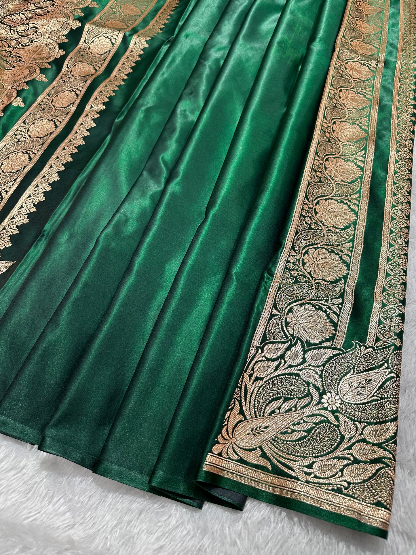 Bottle Green Satin Silk Banarasi Saree with Royal Meena-Floral Border and Traditional Diamond-Kalka Butis
