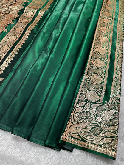 Bottle Green Satin Silk Banarasi Saree with Royal Meena-Floral Border and Traditional Diamond-Kalka Butis