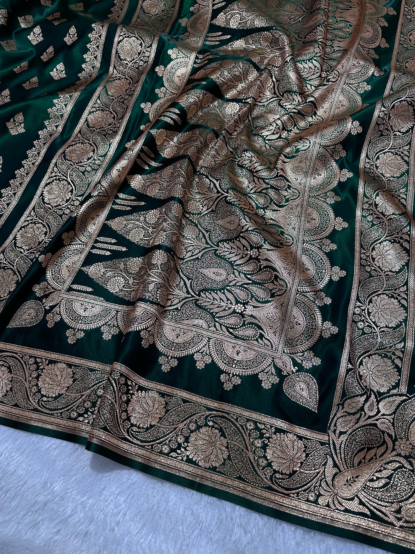 Bottle Green Satin Silk Banarasi Saree with Royal Meena-Floral Border and Traditional Diamond-Kalka Butis
