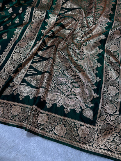 Bottle Green Satin Silk Banarasi Saree with Royal Meena-Floral Border and Traditional Diamond-Kalka Butis
