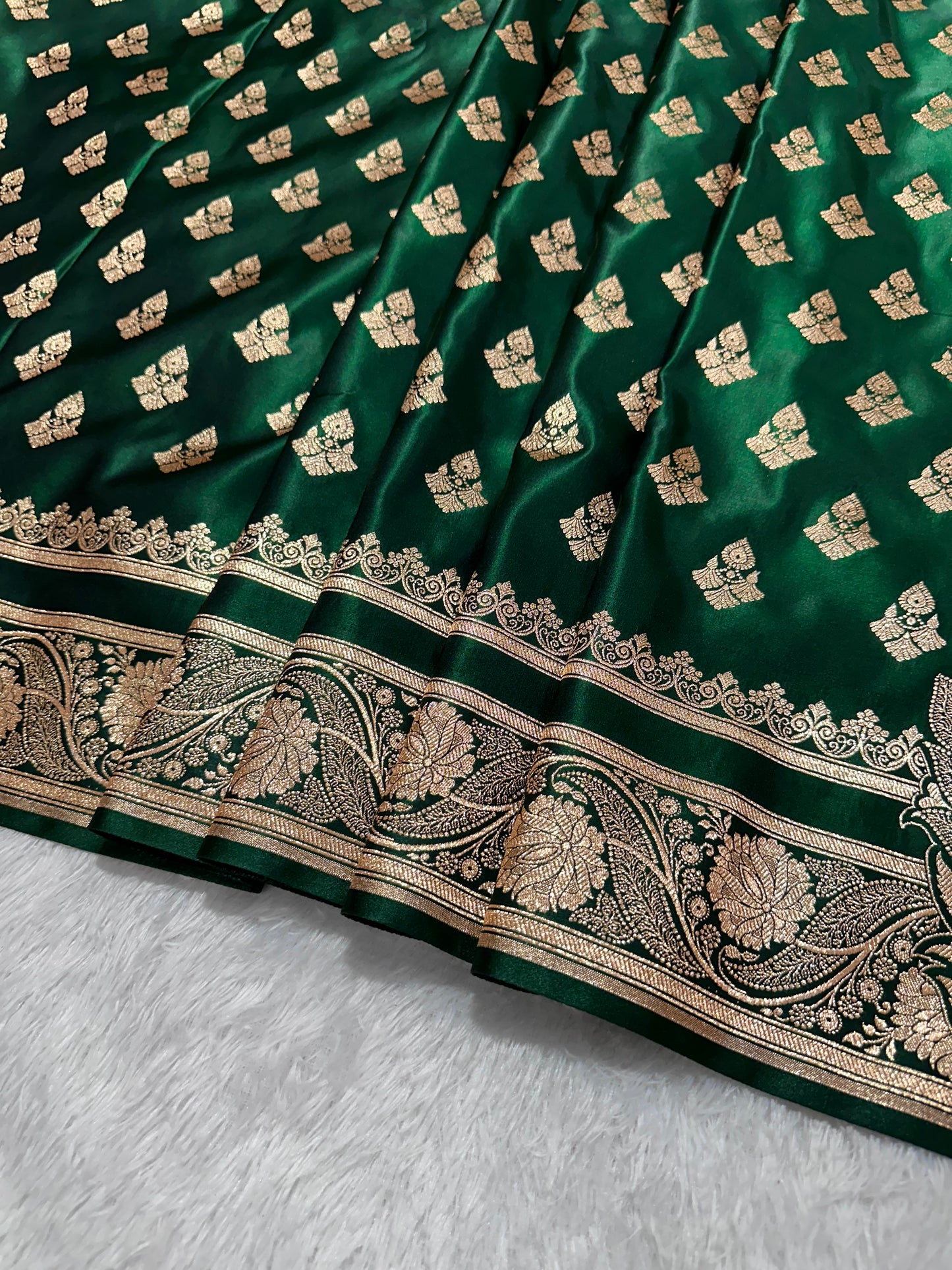 Bottle Green Satin Silk Banarasi Saree with Royal Meena-Floral Border and Traditional Diamond-Kalka Butis