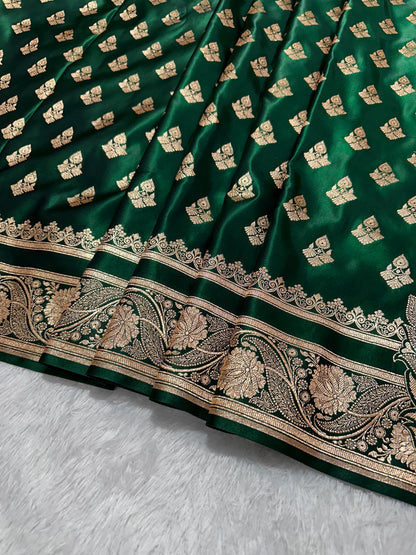 Bottle Green Satin Silk Banarasi Saree with Royal Meena-Floral Border and Traditional Diamond-Kalka Butis