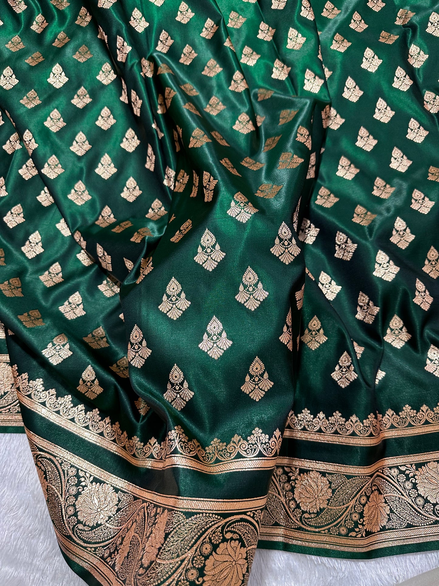 Bottle Green Satin Silk Banarasi Saree with Royal Meena-Floral Border and Traditional Diamond-Kalka Butis