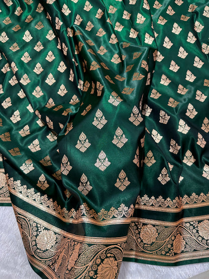 Bottle Green Satin Silk Banarasi Saree with Royal Meena-Floral Border and Traditional Diamond-Kalka Butis