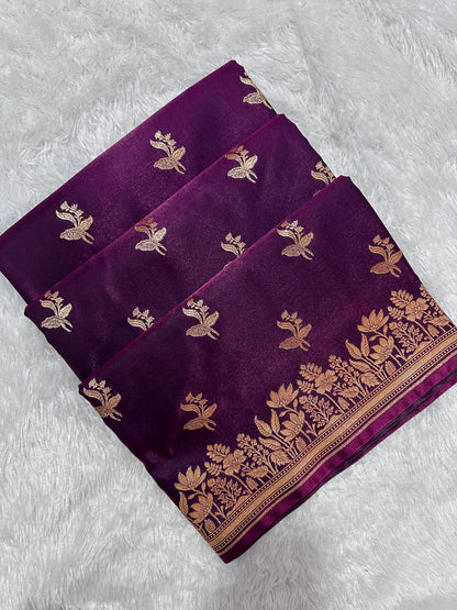 Deep Wine Satin Silk Banarasi Saree with Elegant Lotus Bunch Border and Floral Vine Butis