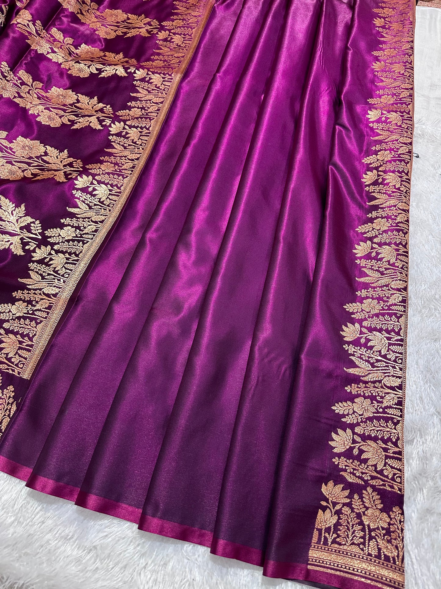 Deep Wine Satin Silk Banarasi Saree with Elegant Lotus Bunch Border and Floral Vine Butis