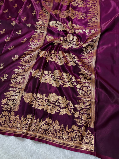 Deep Wine Satin Silk Banarasi Saree with Elegant Lotus Bunch Border and Floral Vine Butis