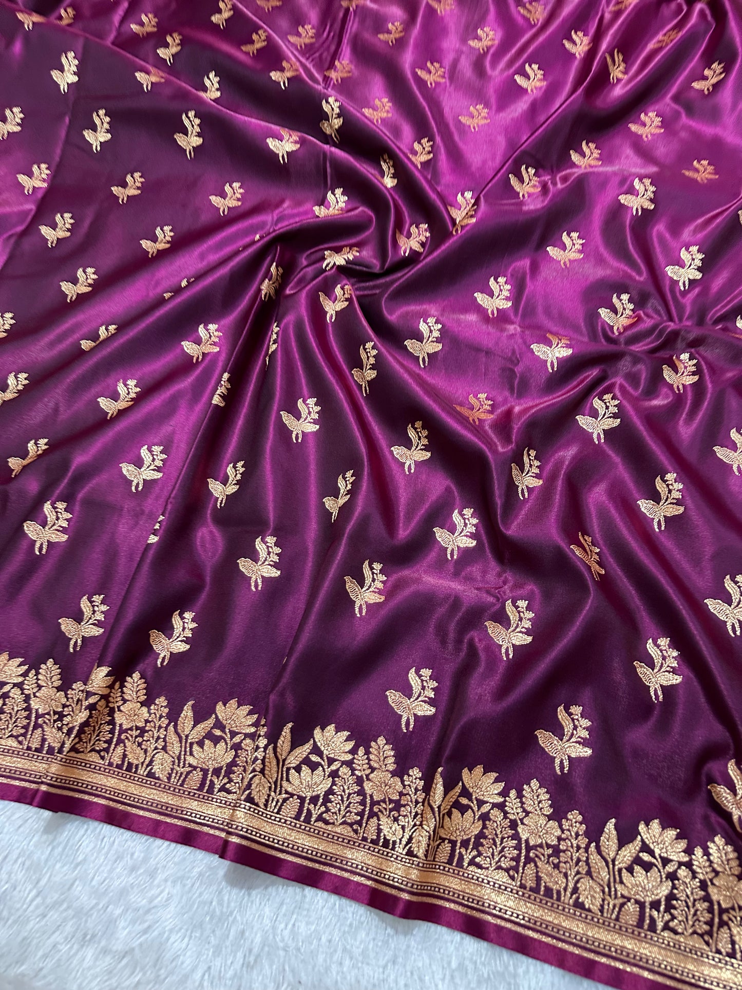 Deep Wine Satin Silk Banarasi Saree with Elegant Lotus Bunch Border and Floral Vine Butis