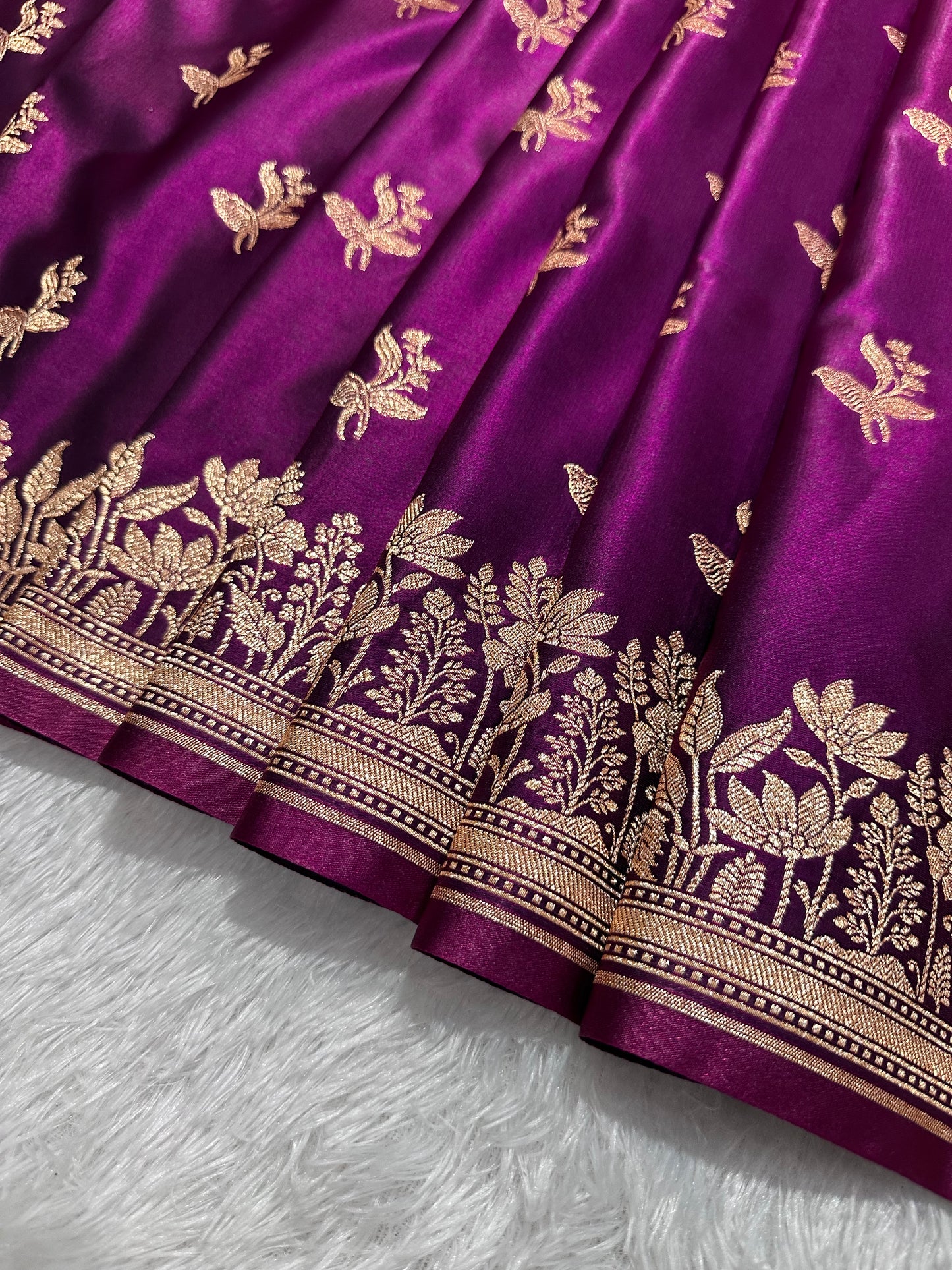 Deep Wine Satin Silk Banarasi Saree with Elegant Lotus Bunch Border and Floral Vine Butis