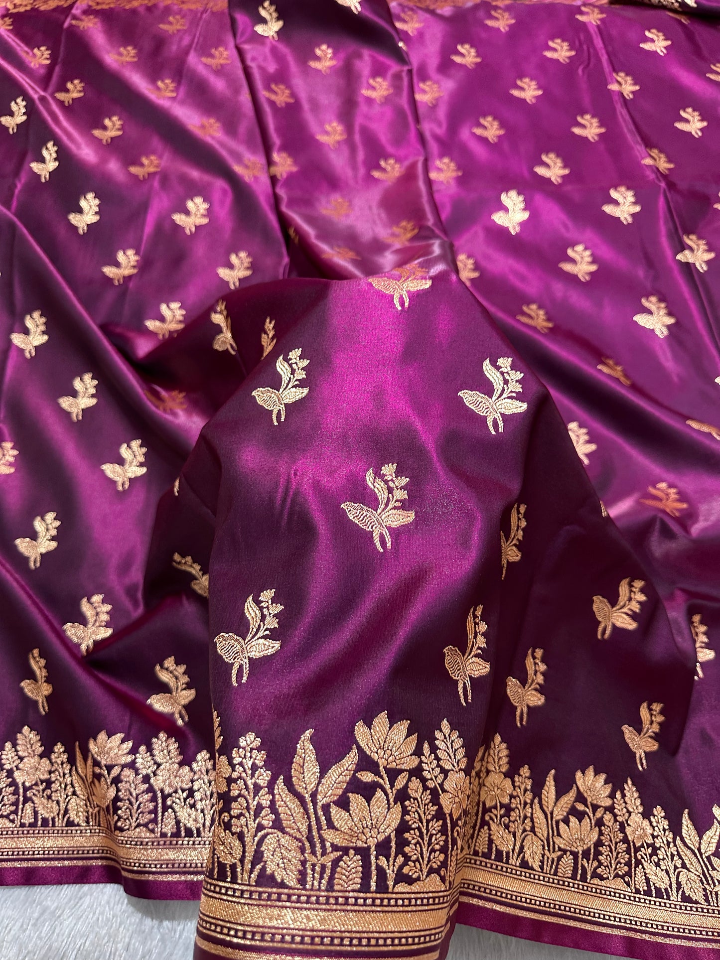 Deep Wine Satin Silk Banarasi Saree with Elegant Lotus Bunch Border and Floral Vine Butis