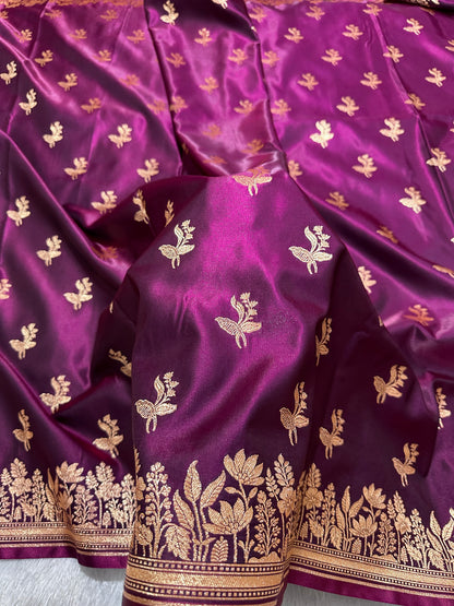 Deep Wine Satin Silk Banarasi Saree with Elegant Lotus Bunch Border and Floral Vine Butis