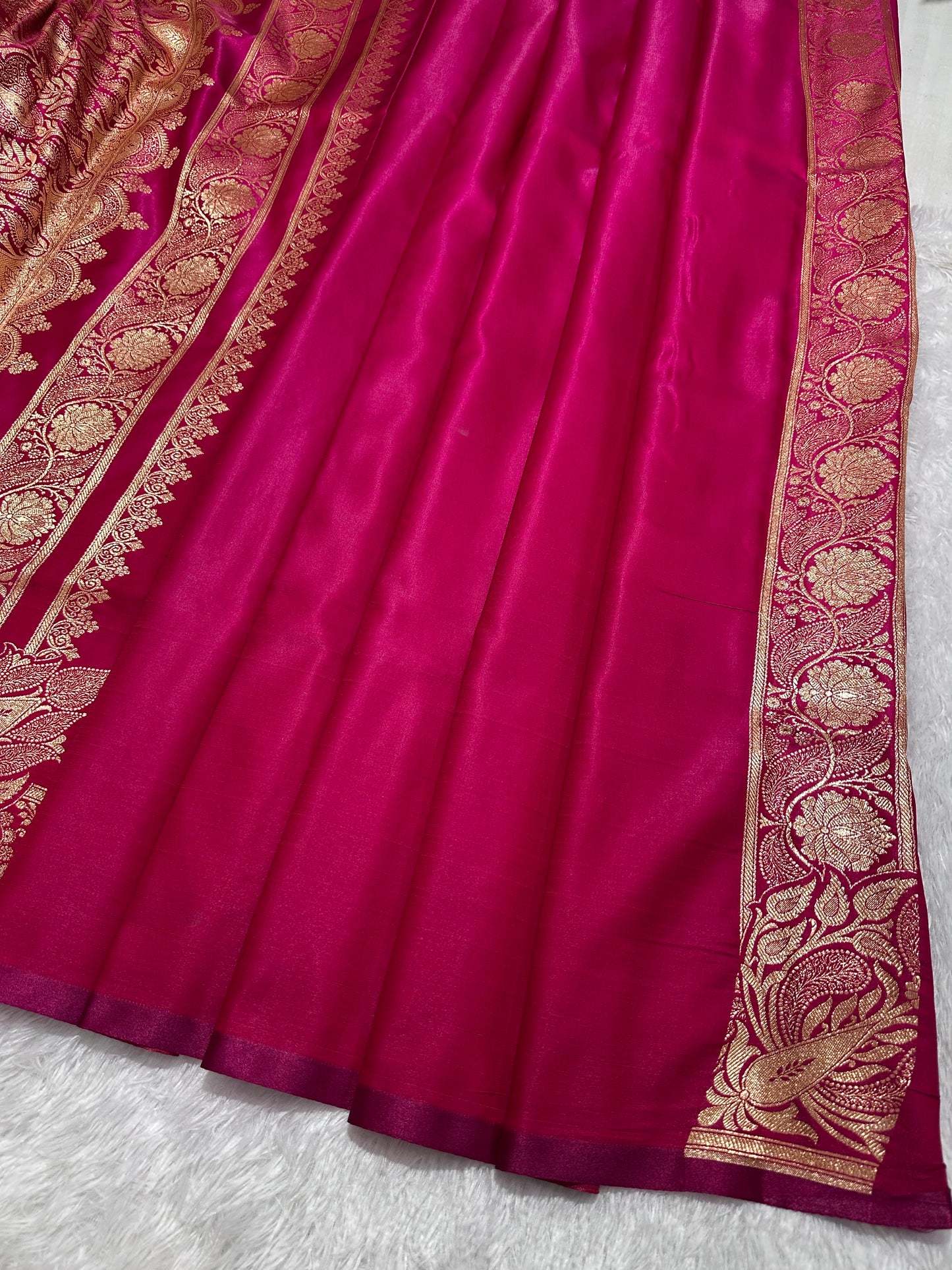 Rani Pink Satin Silk Banarasi Saree with Royal Meena-Floral Border and Traditional Diamond-Kalka Butis