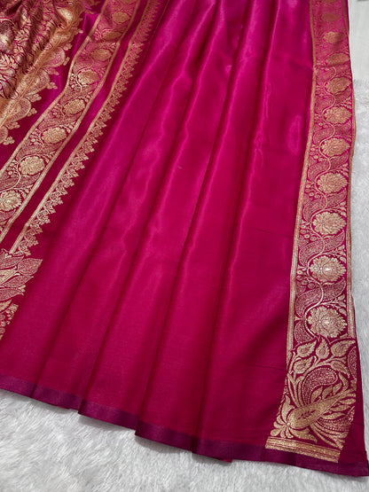 Rani Pink Satin Silk Banarasi Saree with Royal Meena-Floral Border and Traditional Diamond-Kalka Butis