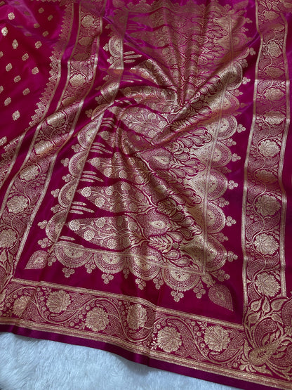 Rani Pink Satin Silk Banarasi Saree with Royal Meena-Floral Border and Traditional Diamond-Kalka Butis
