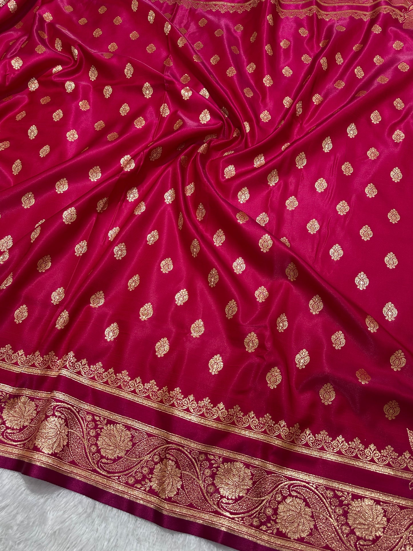 Rani Pink Satin Silk Banarasi Saree with Royal Meena-Floral Border and Traditional Diamond-Kalka Butis