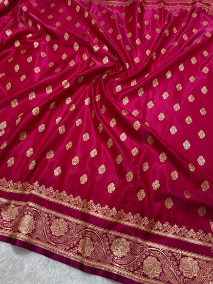 Rani Pink Satin Silk Banarasi Saree with Royal Meena-Floral Border and Traditional Diamond-Kalka Butis