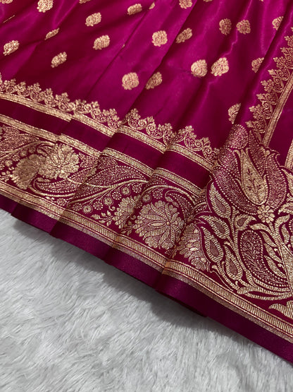 Rani Pink Satin Silk Banarasi Saree with Royal Meena-Floral Border and Traditional Diamond-Kalka Butis