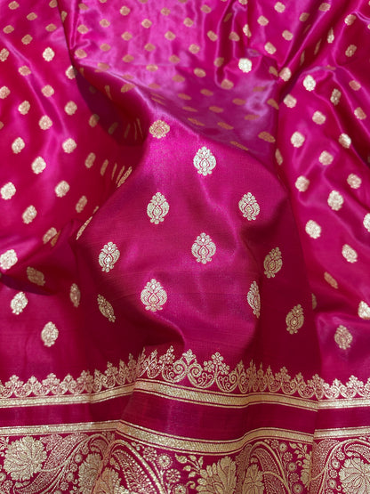 Rani Pink Satin Silk Banarasi Saree with Royal Meena-Floral Border and Traditional Diamond-Kalka Butis