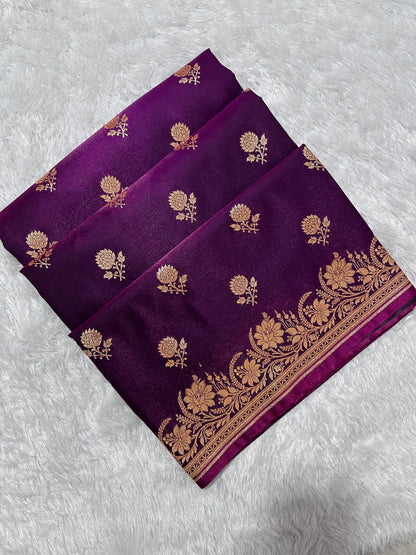 Wine Satin Silk Banarasi Saree with Delicate Floral Arch Border and Full-Bloomed Rose Butis