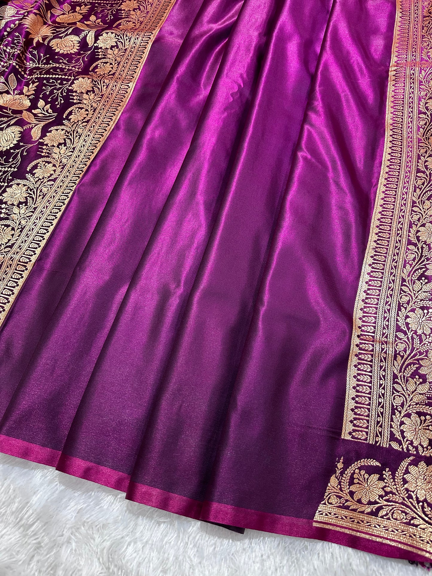 Wine Satin Silk Banarasi Saree with Delicate Floral Arch Border and Full-Bloomed Rose Butis