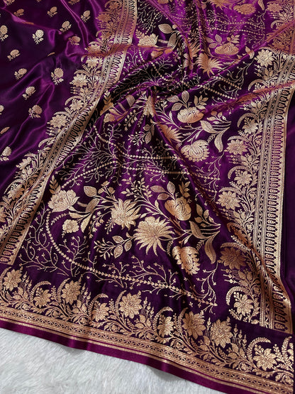 Wine Satin Silk Banarasi Saree with Delicate Floral Arch Border and Full-Bloomed Rose Butis