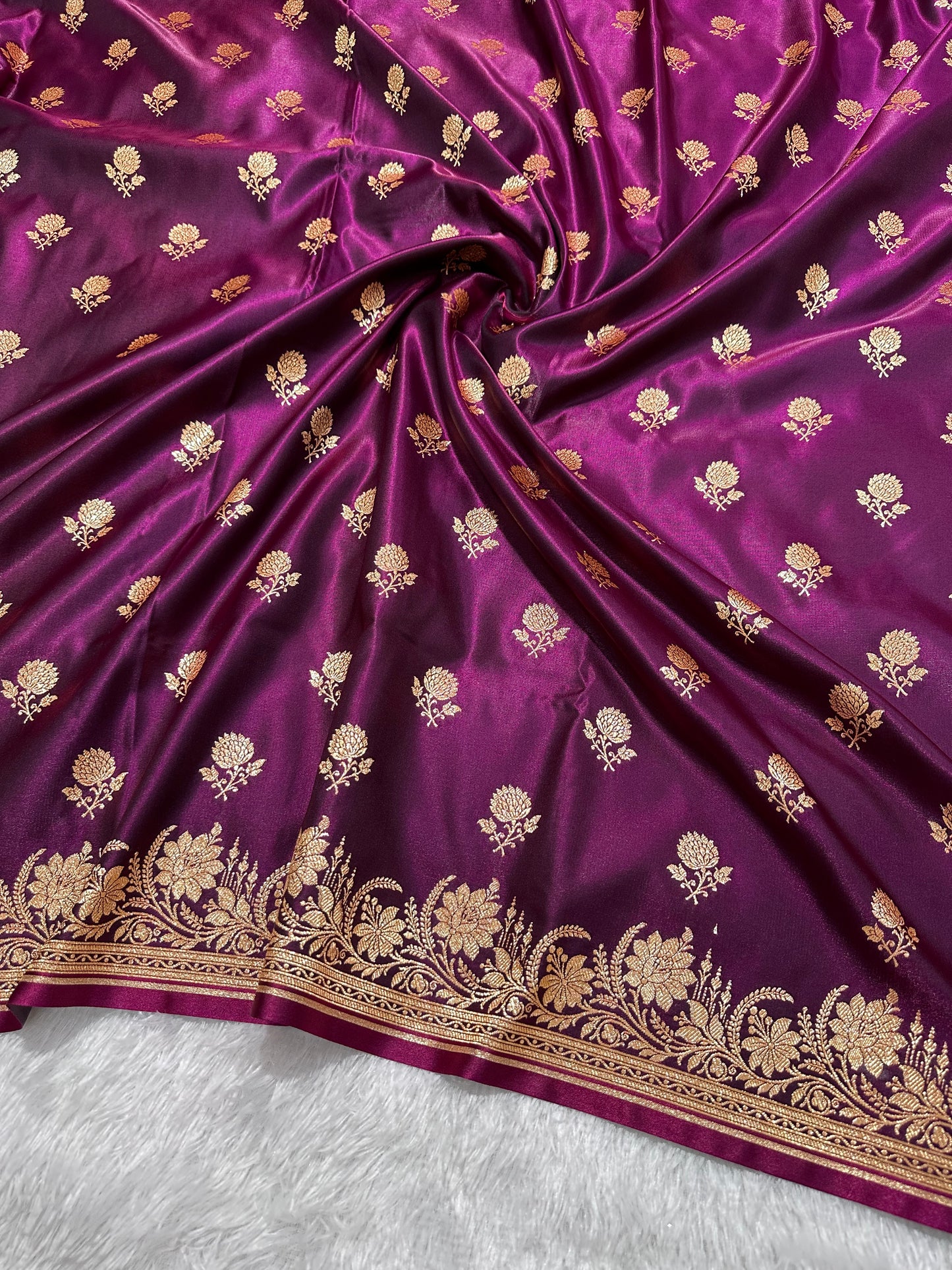 Wine Satin Silk Banarasi Saree with Delicate Floral Arch Border and Full-Bloomed Rose Butis