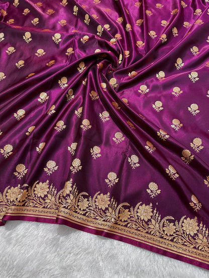 Wine Satin Silk Banarasi Saree with Delicate Floral Arch Border and Full-Bloomed Rose Butis