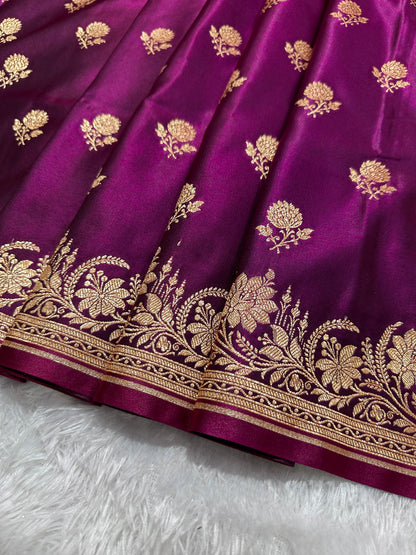 Wine Satin Silk Banarasi Saree with Delicate Floral Arch Border and Full-Bloomed Rose Butis