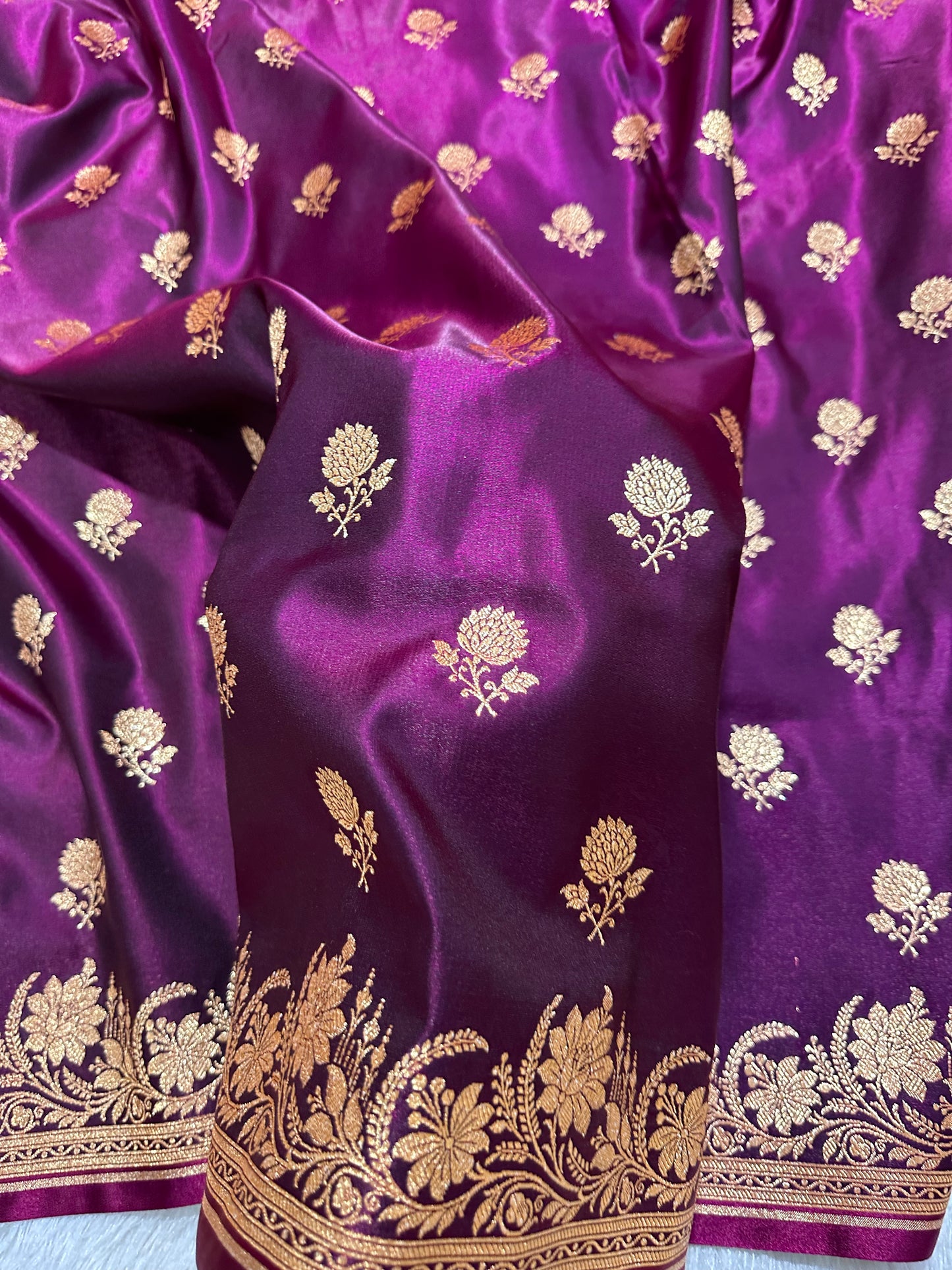 Wine Satin Silk Banarasi Saree with Delicate Floral Arch Border and Full-Bloomed Rose Butis