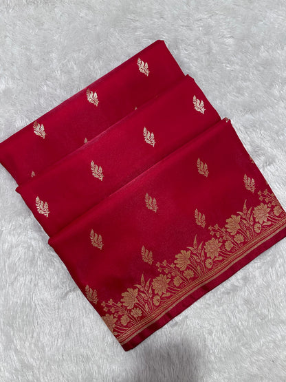 Crimson Red Satin Silk Banarasi Saree with Delicate Floral Arch Border and Bold Gold Panna Butis