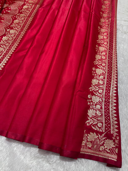 Crimson Red Satin Silk Banarasi Saree with Delicate Floral Arch Border and Bold Gold Panna Butis