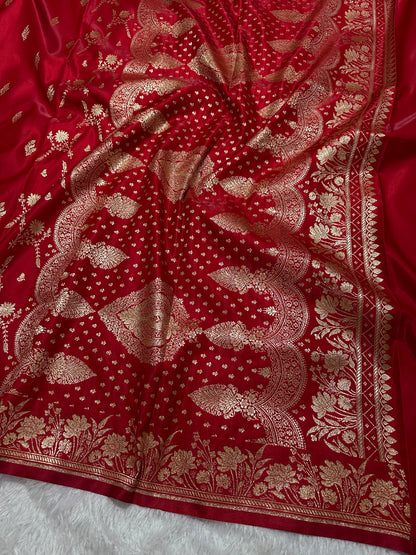 Crimson Red Satin Silk Banarasi Saree with Delicate Floral Arch Border and Bold Gold Panna Butis