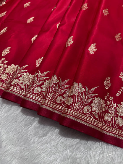 Crimson Red Satin Silk Banarasi Saree with Delicate Floral Arch Border and Bold Gold Panna Butis