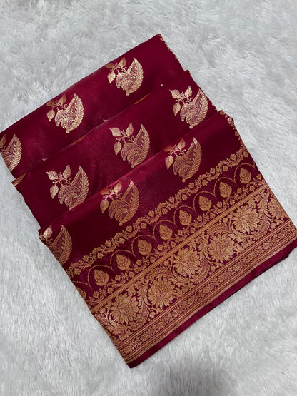 Bridal Maroon Satin Silk Banarasi Saree with Royal Floral Jhallar Border and Royal Peacock Paisley Butas