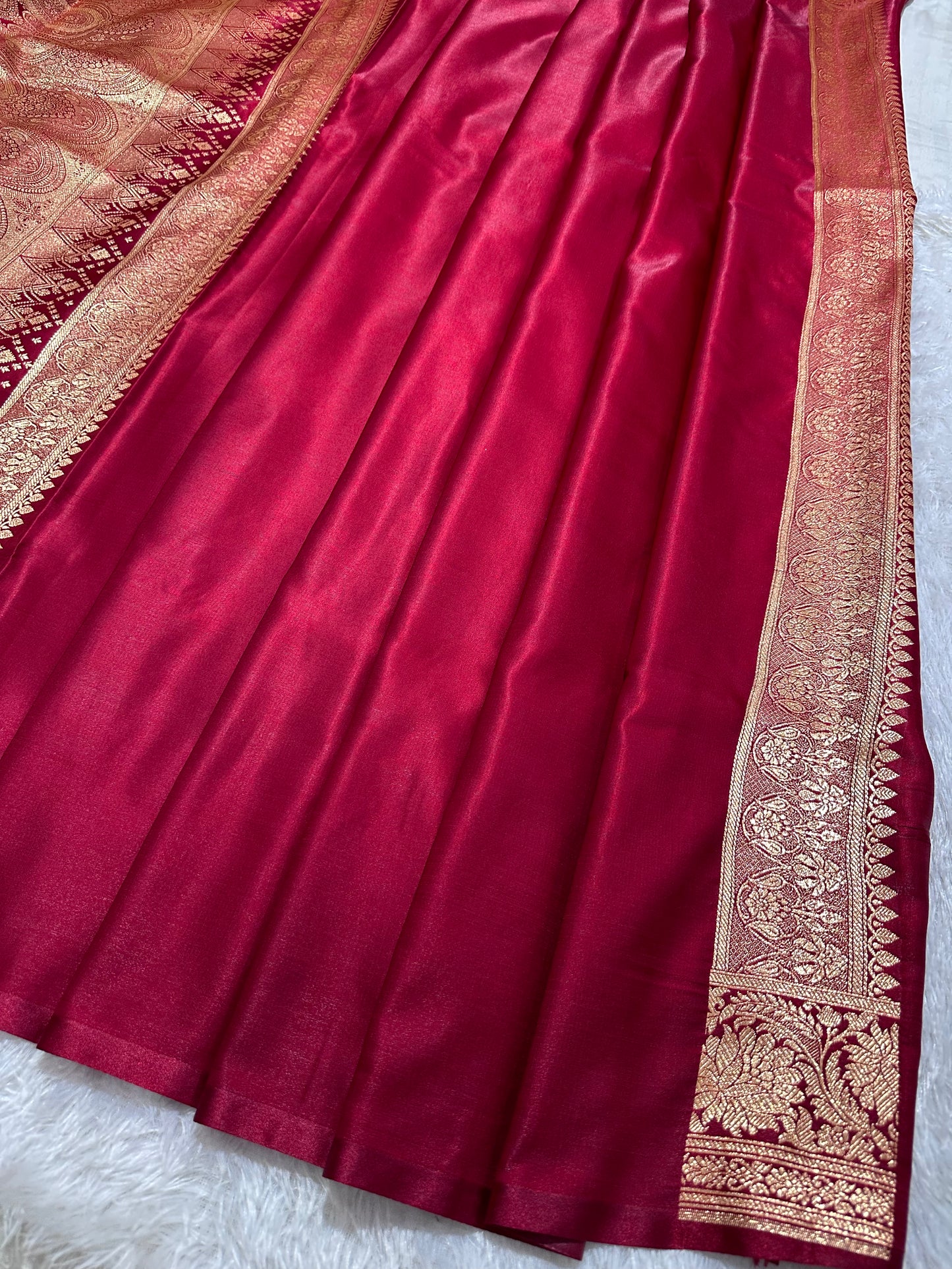 Bridal Maroon Satin Silk Banarasi Saree with Royal Floral Jhallar Border and Royal Peacock Paisley Butas