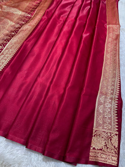 Bridal Maroon Satin Silk Banarasi Saree with Royal Floral Jhallar Border and Royal Peacock Paisley Butas