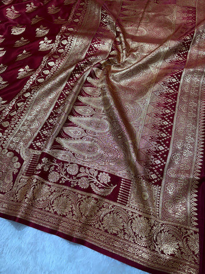 Bridal Maroon Satin Silk Banarasi Saree with Royal Floral Jhallar Border and Royal Peacock Paisley Butas