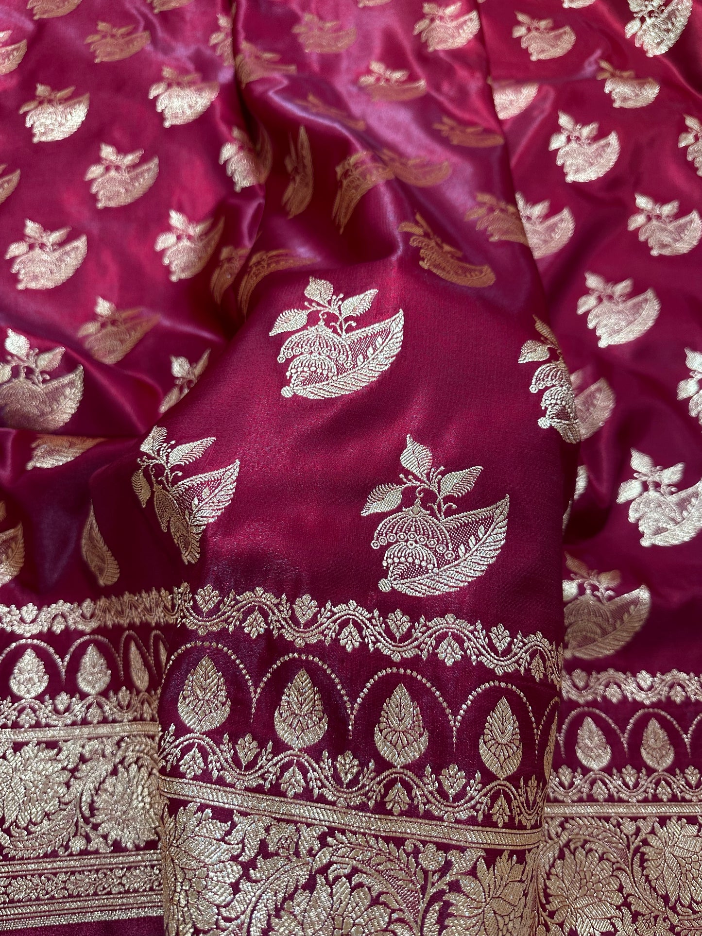 Bridal Maroon Satin Silk Banarasi Saree with Royal Floral Jhallar Border and Royal Peacock Paisley Butas