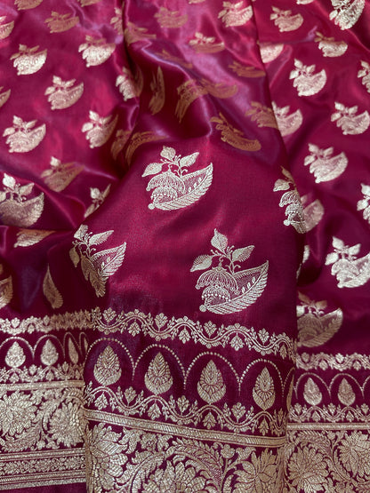 Bridal Maroon Satin Silk Banarasi Saree with Royal Floral Jhallar Border and Royal Peacock Paisley Butas