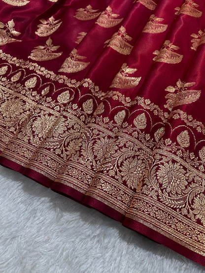 Bridal Maroon Satin Silk Banarasi Saree with Royal Floral Jhallar Border and Royal Peacock Paisley Butas