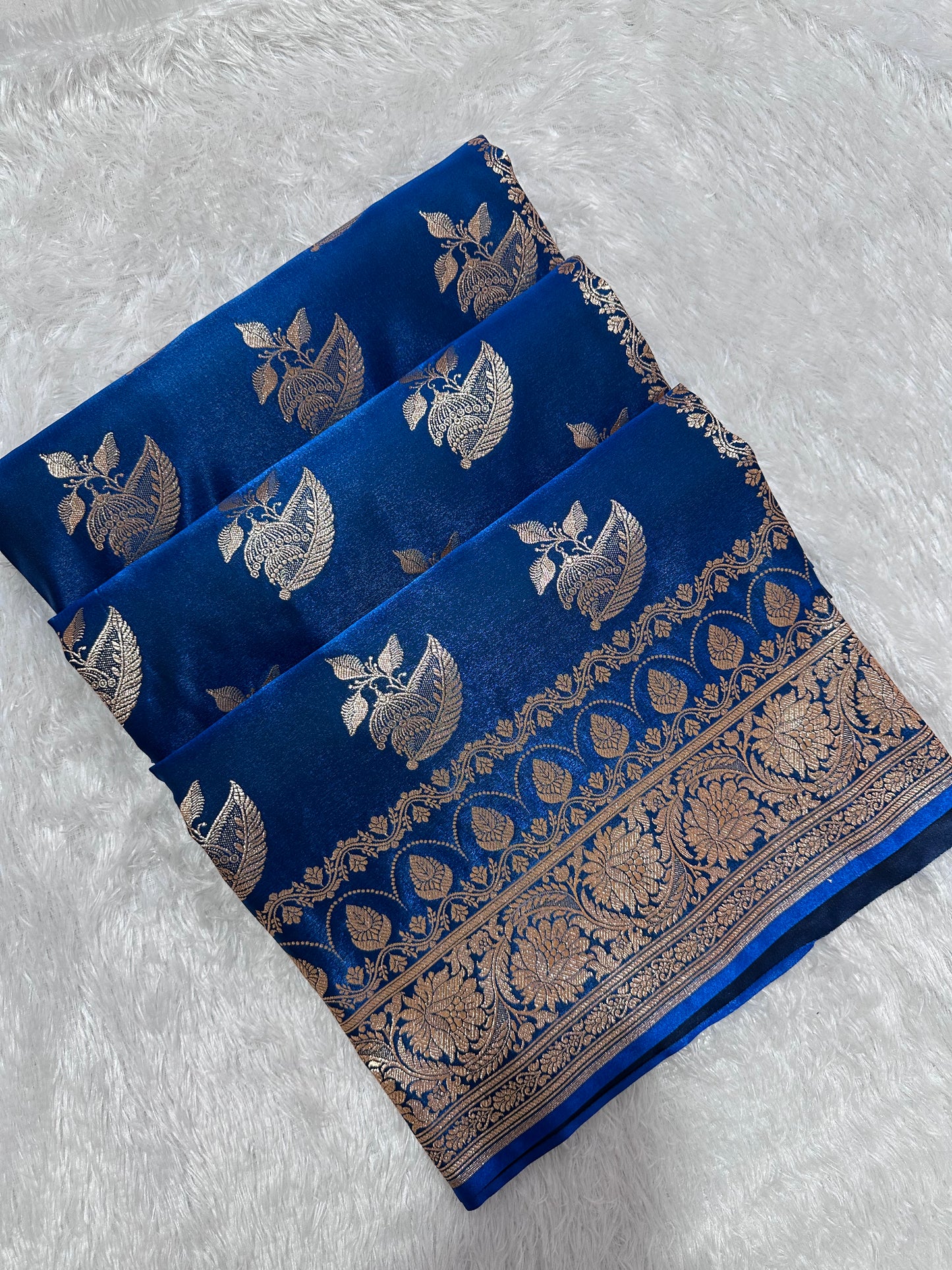 Royal Peacock Blue Satin Silk Banarasi Saree with Royal Floral Jhallar Border and Royal Peacock Paisley Butis