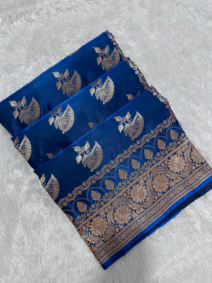Royal Peacock Blue Satin Silk Banarasi Saree with Royal Floral Jhallar Border and Royal Peacock Paisley Butis
