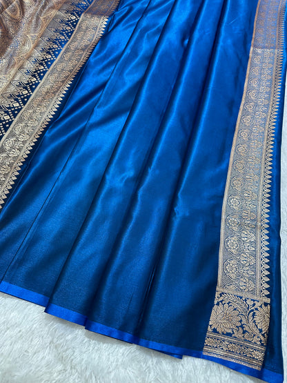 Royal Peacock Blue Satin Silk Banarasi Saree with Royal Floral Jhallar Border and Royal Peacock Paisley Butis