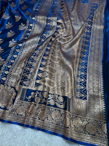 Royal Peacock Blue Satin Silk Banarasi Saree with Royal Floral Jhallar Border and Royal Peacock Paisley Butis