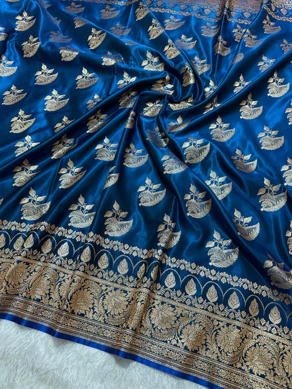 Royal Peacock Blue Satin Silk Banarasi Saree with Royal Floral Jhallar Border and Royal Peacock Paisley Butis