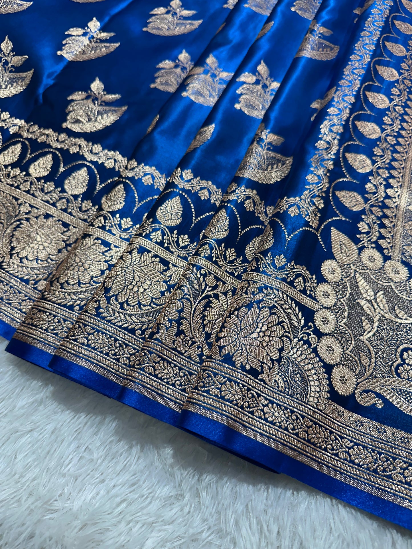 Royal Peacock Blue Satin Silk Banarasi Saree with Royal Floral Jhallar Border and Royal Peacock Paisley Butis