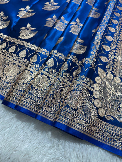 Royal Peacock Blue Satin Silk Banarasi Saree with Royal Floral Jhallar Border and Royal Peacock Paisley Butis