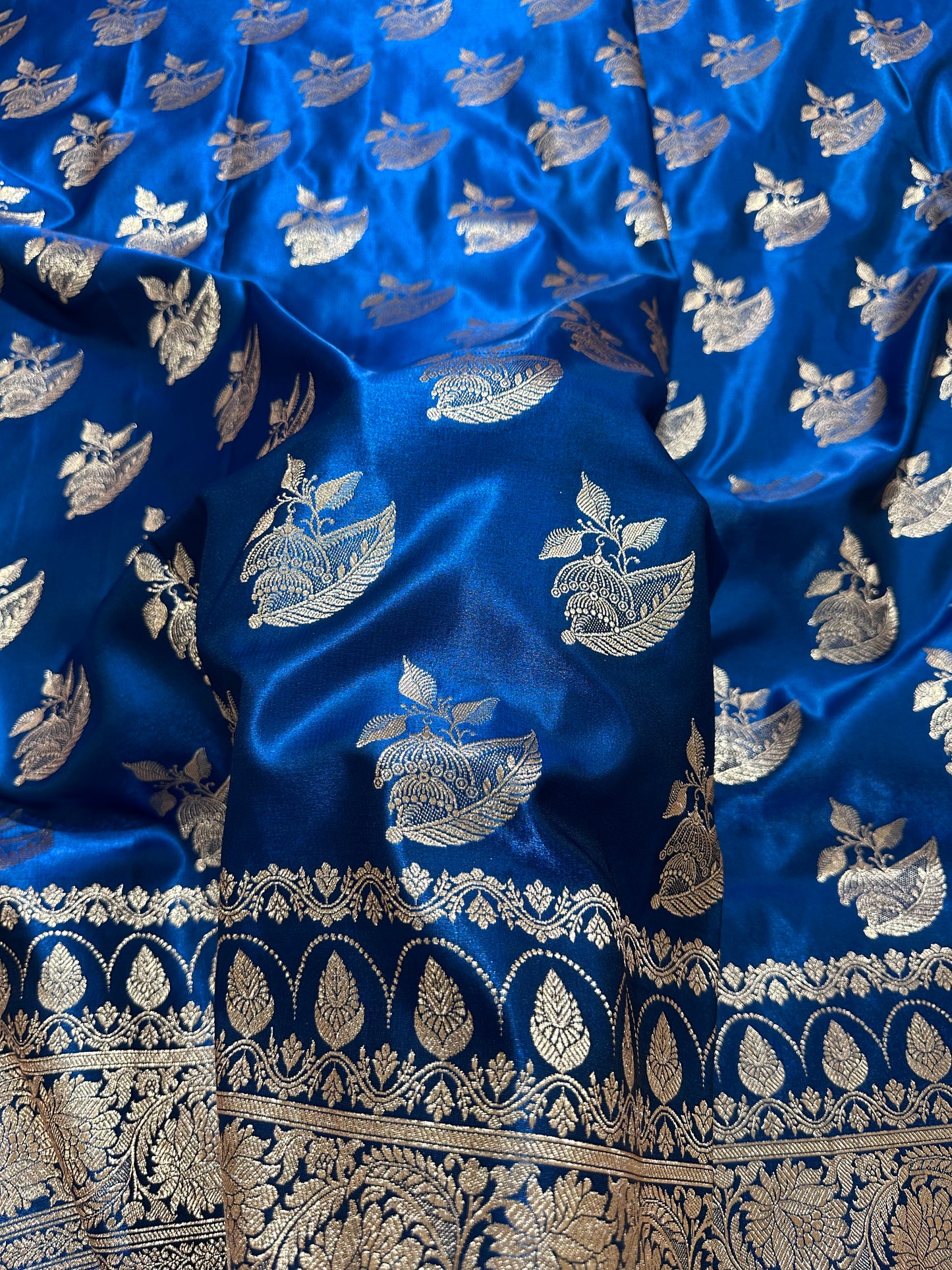 Royal Peacock Blue Satin Silk Banarasi Saree with Royal Floral Jhallar Border and Royal Peacock Paisley Butis